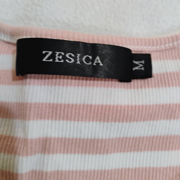 Zesica Women's Ruffled Sleeve Striped Top - Pink and White - Picture 2 of 7
